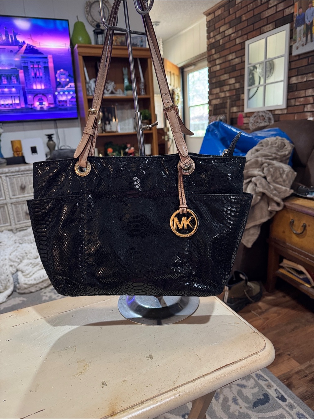 Michael Kors Black Snake-Embossed Shoulder Bag with Gold Charm and Tan Straps